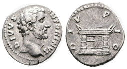 Antoninus Pius, Posthumous issue struck under Marcus Aurelius. (18 mm, 3.00 g.). AD 162. Rome. Silver Denarius. DIVVS ANTONINVS, bare head of Antoninu...