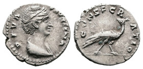 Diva Faustina I, Posthumous issue, after AD 141. Rome. Silver Denarius (18 mm, 3.06 g.). DIVA FAVSTINA, draped bust of Faustina I to right. Rev. CONSE...