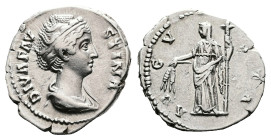 Diva Faustina I, Posthumous issue, AD 141. Rome. Silver Denarius (19 mm. 3.33 g.). DIVA FAVSTINA, draped bust of Faustina I to right. Rev. AVGVSTA, Ce...