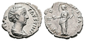 Diva Faustina I, Posthumous issue, AD 141. Rome. Silver Denarius (17 mm, 3.01 g.). DIVA FAVSTINA, draped bust of Faustina I to right. Rev. AETERNITAS,...
