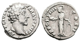 Marcus Aurelius, as Caesar, AD 154-155. Rome. Silver Denarius (17 mm, 3.67 g.). AVRELIVS CAESAR AVG PII FIL, bare head of Marcus Aurelius to right. Re...