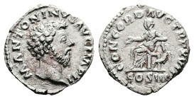 Marcus Aurelius, AD 162-163. Rome. Silver Denarius (17 mm, 3.17 g.). M ANTONINVS AVG IMP II, bare head of Marcus Aurelius to right. Rev. CONCORD AVG T...