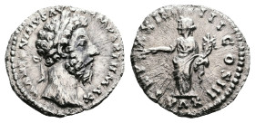 Marcus Aurelius, AD 166. Rome. Silver Denarius (18 mm, 2.60 g.). M ANTONINVS AVG ARM PARTH MAX, laureate head of Marcus Aurelius to right. Rev. TR P X...