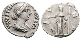 Faustina II, Before AD 175-176. Rome. Silver Denarius. (18 mm, 3.23 g.). FAVSTINA AVGVSTA, draped bust of Faustina II to right. Rev. IVNO, Juno standi...