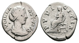 Lucilla, AD 164-166. Rome. Silver Denarius (18 mm, 2.49 g.). LVCILLA AVGVSTA, draped bust of Lucilla to right. Rev. PVDICITIA, Pudicitia seated left, ...