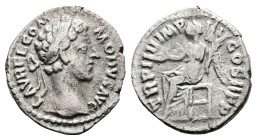 Commodus, AD 179. Rome. Silver Denarius. (19 mm, 2.35 g.). L AVREL COMMODVS AVG, laureate head of Commodus to right. Rev. TR P IIII IMP III COS II P P...