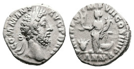 Commodus, AD 184. Rome. Silver Denarius (17 mm, 2.93 g.). COMM ANT AVG P BRIT, laureate head of Commodus to right. Rev. P M TR P VIIII IMP VII COS III...