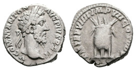 Commodus, AD 184. Rome. Silver Denarius. (17 mm, 3.27 g.). M COMM ANTON AVG PIVS BRIT, laureate head of Commodus to right. Rev. P M TR P VIIII IMP VII...