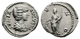 Julia Domna, AD 209. Rome. Silver Denarius (18 mm, 3.00 g.). IVLIA AVGVSTA, draped bust of Julia Domna to right. Rev. IVNO, Juno standing half-left, h...