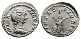 Julia Domna, AD 207-209. Rome. Silver Denarius (19 mm, 3.28 g.). IVLIA AVGVSTA, draped bust of Julia Domna to right. Rev. PIETAS PVBLICA, Pietas stand...