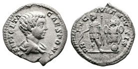 Geta, AD 200-202. Rome. Silver Denarius (18 mm, 3.19 g.). P SEPT GETA CAES PONT, bare-headed, draped bust of Geta to right. Rev. PRINC IVVENTVTIS, Get...