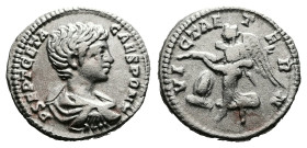 Geta, AD 200-202. Laodicea. Silver Denarius (17 mm, 3.35 g.). P SEPT GETA CAES PONT, bare-headed, draped bust of Geta to right. Rev. VICT AETERN, Vict...