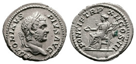 Caracalla, AD 209. Rome. Silver Denarius. (19 mm, 1.96 g.). ANTONINVS PIVS AVG, laureate head of Caracalla to right. Rev. PONTIF TR P XII COS III (II ...