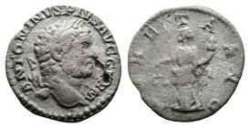 Caracalla, AD 213-217. 'Rome'. Silver Denarius (17 mm, 1.11 g.). ANTONINVS PIVS AVG GERM, laureate head of Caracalla to right. Rev. MONETA AVG, Moneta...