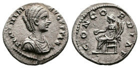 Plautilla, AD 202. Rome. Silver Denarius (19 mm, 3.29 g.). PLAVTILLAE AVGVSTAE, draped bust of Plautilla to right. Rev. CONCORDIAE, Concordia seated l...