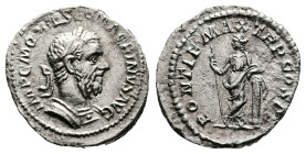 Macrinus, AD 217. Rome. Silver Denarius. (20 mm, 2.70 g.). IMP C M OPEL SEV MACRINVS AVG, laureate and cuirassed bust of Macrinus to right. Rev. PONTI...