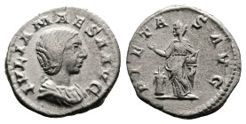 Julia Maesa, AD 218-220. Rome. Silver Denarius (19 mm. 3.01 g.). IVLIA MAESA AVG, draped bust of Julia Maesa to right. Rev. PIETAS AVG, Pietas standin...