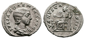 Julia Soaemias, AD 220. Rome. Silver Denarius (20 mm. 2.88 g.). IVLIA SOAEMIAS AVG, draped bust of Julia Soaemias to right. Rev. VENVS CAELESTIS, Venu...