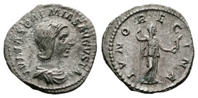 Julia Soaemias, AD 220. Rome. Silver Denarius (19 mm, 3.13 g.). IVLIA SOAEMIAS AVGVSTA, draped bust of Julia Soaemias to right. Rev. IVNO REGINA, Juno...
