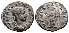 Julia Soaemias, AD 220. Rome. Silver Denarius (19 mm, 2.63 g.). IVLIA SOAEMIAS AVG, draped bust of Julia Soaemias to right. Rev. VENVS CAELESTIS, Venu...