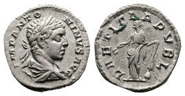 Elagabalus, AD 218-222. Rome. Silver Denarius (19 mm, 3.00 g.). IMP ANTONINVS AVG, laureate, draped and cuirassed bust of Elagabalus to right. Rev. LA...