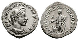 Elagabalus, AD 218-222. Antioch. Silver Denarius (18 mm. 2.88 g.). IMP ANTONINVS PIVS AVG, laureate, draped and horned bust of Elagabalus to right. Re...