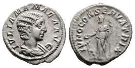 Julia Mamaea, AD 222. Rome. Silver Denarius (19 mm, 3.11 g.). IVLIA MAMAEA AVG, draped bust of Julia Mamaea to right. Rev. IVNO CONSERVATRIX, Juno sta...