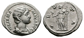 Julia Mamaea, AD 222-235. Rome. Silver Denarius ( 20 mm, 3.78 g.). IVLIA MAMAEA AVG, diademed and draped bust of Julia Mamaea to right. Rev. VESTA, Ve...