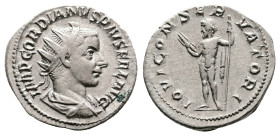 Gordian III, AD 241-243. Antioch. Silver Antoninianus. (22 mm, 3.78 g.). IMP GORDIANVS PIVS FEL AVG, radiate, draped and cuirassed bust of Gordian III...