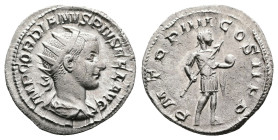 Gordian III, AD 241-243. Rome. Silver Antoninianus (22 mm, 4.30 g.). IMP GORDIANVS PIVS FEL AVG, radiate, draped and cuirassed bust of Gordian III to ...