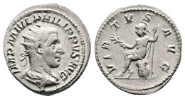 Philip I, AD 247. Rome. Silver Antoninianus. (22 mm, 4.58 g.). IMP M IVL PHILIPPVS AVG, radiate, draped and cuirassed bust of Philip I to right. Rev. ...