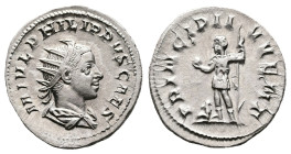 Philip II, AD 247. Rome. Silver Antoninianus (22 mm, 4.43 g.). M IVL PHILIPPVS CAES, radiate, draped bust of Philip II to right. Rev. PRINCIPI IVVENT,...