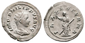 Philip II, AD 248. Rome. Silver Antoninianus (24 mm, 2.75 g.). IMP PHILIPPVS AVG, radiate, draped and cuirassed bust of Philip II to right. Rev. PAX A...