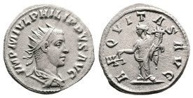 Philip II, AD 248. Antioch. Silver Antoninianus. (22 mm, 4.13 g.). IMP M IVL PHILIPPVS AVG, radiate, draped and cuirassed bust of Philip II to right. ...