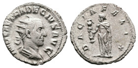 Trajan Decius, AD 250-251. Milan. Silver Antoninianus. (23 mm, 3.11 g.). IMP CAE TRA DECIVS AVG, radiate, draped and cuirassed bust of Trajan Decius t...