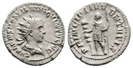 Hostilian, AD 249-251. Rome. Silver Antoninianus. (22 mm, 3.37 g.). C VALENS HOSTIL MES QVINTVS N C, radiate and draped bust of Hostilian to right. Re...
