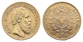 Prusia. Wilhelm I, 1871-1888. Gold 10 Mark 1873 (3,94 g.). WILHELM DEUTSCHER KAISER KÖNIG V. PREUSSEN Head of Wilhelm I. to right, mintmark F below. R...