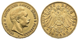 Prussia Wilhelm II. 1888-1918. Gold 10 Mark (20 mm, 3,99 g.). 1898 A. Berlin mint. WILHELM II DEUTSCHEER KAISER KONIG VON PREUSSEN his head right. Rev...