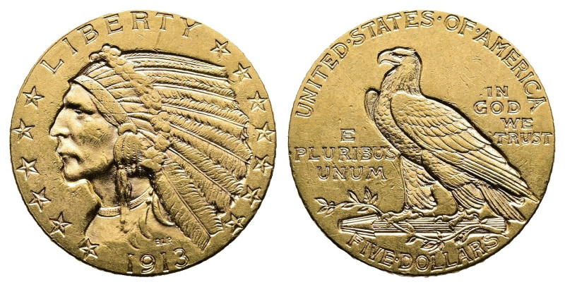 Gold 5 Dollars 1913, (8.37 g.). Philadelphia. Indian head type. KM 129. Fr. 148.