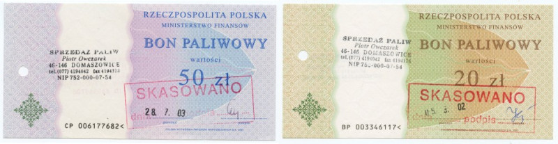 PRL / RP -Bon paliwowy 10, 20 oraz 50 zł (2002-2003), zestaw 3 sztuk, skasowane ...
