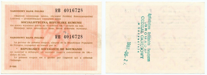 Talon Tranzytowy NBP 150 złotych - Polska/Rumunia - seria RB 4016728 Talon wymia...