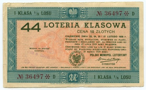 44 Loteria Klasowa 1939 - numer 36497D 
Grade: F
