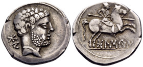SPAIN. Bolskan - Osca. 100-72 BC. Denarius (Silver, 19.5 mm, 3.85 g, 2 h). BoN ( in Iberian script ). Bearded male head to right, wearing pearl neckla...
