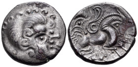 GAUL, Northwest Gaul. Coriosolites. Circa 100-50 BC. Stater (Billon, 21 mm, 6.25 g, 3 h), 'au nez pointé'- type. Celticized male head to right, with s...