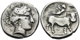 CAMPANIA. Neapolis. Circa 300 BC. Didrachm (Silver, 21 mm, 6.98 g, 6 h). Head of nymph Parthenope to right, wearing ampyx, triple pendant earring, and...