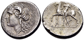 CAMPANIA. Nuceria Alfaterna. Circa 250-225 BC. Didrachm (Silver, 21 mm, 7.15 g, 7 h). 'nuvcrinum alafaternum' ( in Oscan ). Head of Apollo Karneios to...