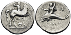 CALABRIA. Tarentum. Circa 276-272 BC. Nomos (Silver, 22 mm, 6.21 g, 2 h), struck under the magistrates Zo-, Zalo-, and An-. Youthful nude jockey crown...