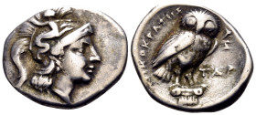 CALABRIA. Tarentum. Circa 272-240 BC. Drachm (Silver, 17 mm, 3.11 g, 12 h), struck under the magistrates Nikokrates and An-. Head of Athena to right, ...