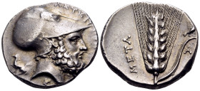 LUCANIA. Metapontion. Circa 340-330 BC. Nomos (Silver, 22 mm, 7.93 g, 12 h), struck under the magistrate Ami.... ΛΕΥΚΙΠΠΟΣ Bearded head of Leukippos t...