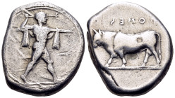 LUCANIA. Poseidonia. Circa 445-420 BC. Stater (Silver, 20 mm, 7.86 g, 6 h). ΠΟ[ME...] Poseidon striding to right, brandishing trident and with chlamys...